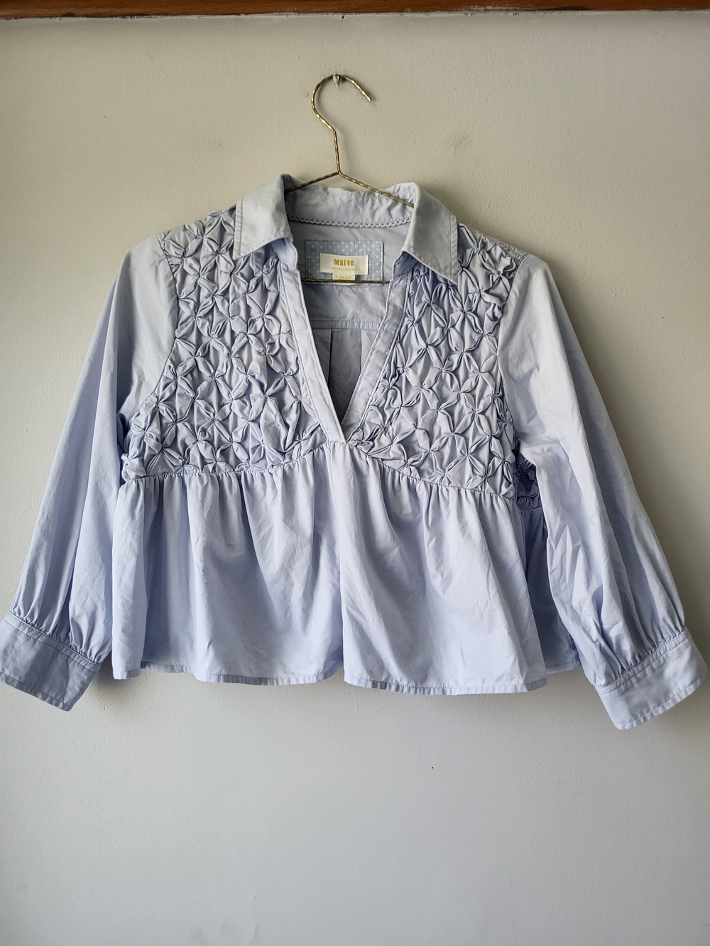 Anthropologie Maeve Light Blue Peasant Top with Polka Lining